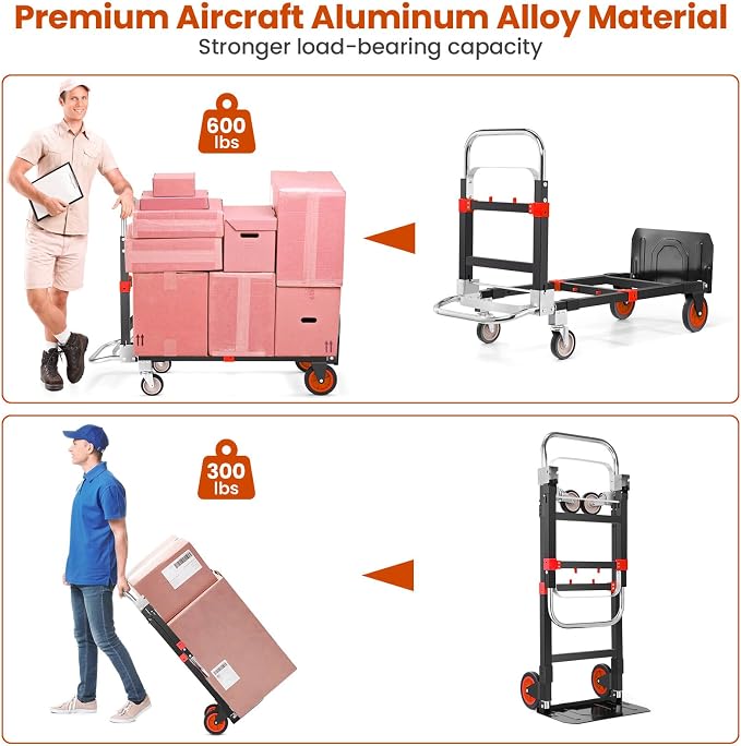 3-in-1 Convertible Heavy Duty Folding Hand Truck Dolly, 600LB Capacity with Rubber& Wheels Telescoping Handles, Portable Collapsible Cart for Warehouse, Supermarket, Office (Red)