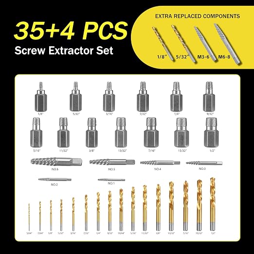 39 Pcs Screw Extractor and Left Hand Drill Bits Set, Easy Out Screw Extractor Set with Reverse Drill Bits, Multi-Spline Extractors for Removing Broken Bolts and Stripped Screws