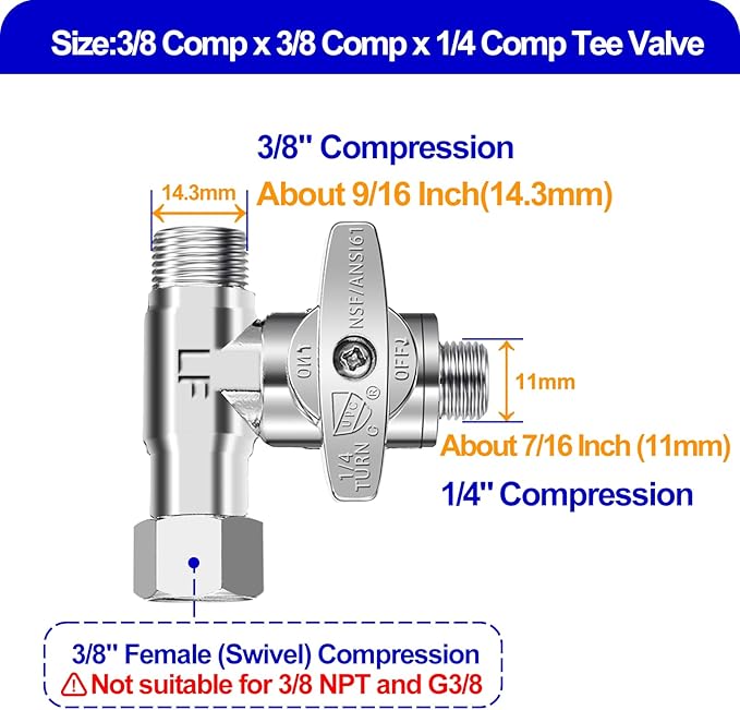 Inline Water Filter Kit for Refrigerator and Ice Maker + Lead-Free Add-A-Tee Valve 3/8 Inch x 3/8 Inch x 1/4 Inch,1/4 Turn,Brass Angle Stop Valve Adapter for Reverse Osmosis Water Filters,Ice Maker