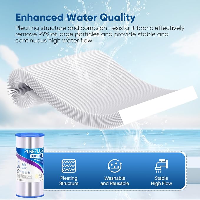 PUREPLUS 30 Micron 10" x 4.5" Whole House Pleated Sediment Filter for Well Water, Replacement Cartridge for GE FXHSC, Culligan R50-BBSA, Pentek R50-BB, DuPont WFHDC3001, W50PEHD, GXWH40L, 3Pack