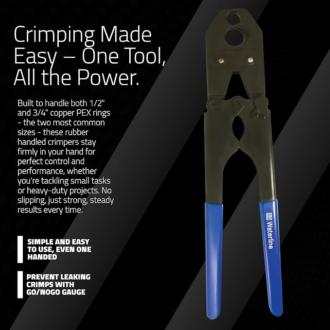 WaterLine Combination ½” and ¾” Heavy Duty PEX Copper Crimp Ring Tool for Plumber | Professional Grade Plumbing Crimper | Low Profile One-Handed Design | Includes GO/NO GO Gauge for Precision Crimping