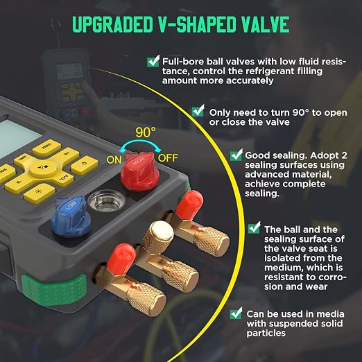 HVAC Digital Manifold Gauge Set for 92 Refrigerant Digital HVAC Gauges Pressure&Temp Test R134A R410A R404A R22 Refrigerant Gauges with Hoses, Upgraded Ball Valve,for Air Conditioning & Refrigeration