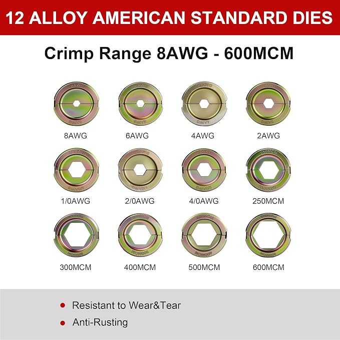 Electric Wire Cable Crimper Battery Powered Hydraulic Crimping Tool Range 8AWG to 600MCM with 12 Dies, Electricians for Circuit Repairs and Stainless Steel Deck Upgrades (HL-300K)
