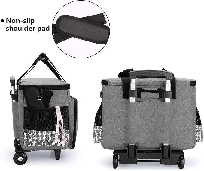 Yarwo Upgraded Rolling Sewing Machine Carrying Case, Detachable Trolley Tote Bag with Removable Bottom Board and Thickened Trailer Leg for Most Standard Sewing Machine and Accessories, Gray with Arrow