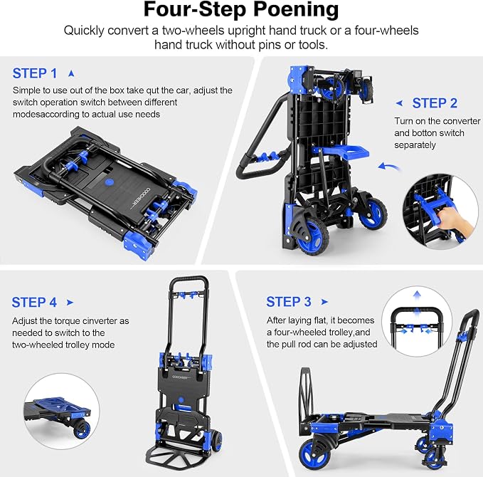 2-in-1Hand Truck Dolly Foldable with Folding Basket, 330LB Folding Hand Truck Heavy Duty Carrying, Combination of 4 Wheels and 2 Wheels Convertible Dolly Cart with Retractable Handle Dolly for Moving