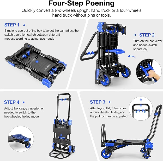 330LB Folding Hand Truck Heavy Duty Carrying, Combination of Four Wheels and Two Wheels Convertible Dolly Cart with Retractable Handle Dolly for Moving Office Carts(Blue)