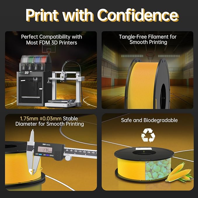 BIQU PLA-HR Flexible 3D Printer Filament Specifically for Printing Airless Basketballs, 1.75mm 1KG Spool (2.2lbs), Flexi Tough Filament Compatible with Most FDM 3D Printer (Yellow)