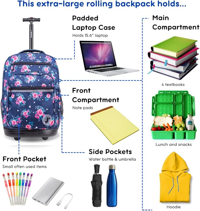 J World Sundance Laptop Rolling Backpack for Girls Boys. Roller Bookbag with Wheels, 20 Inch, Navy Rose