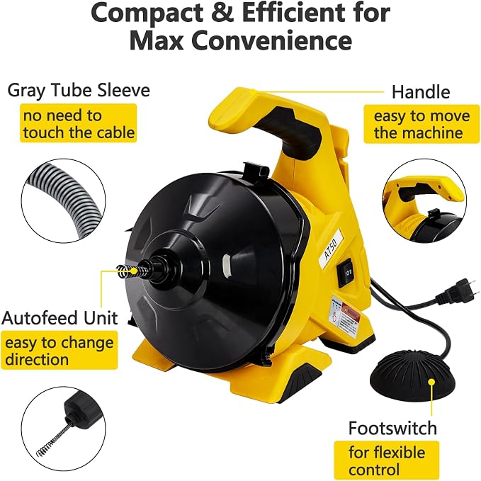 Drain Cleaner Machine 30Ft x 3/10In, Auto-Feed Electric Drain Snake with Foot Switch, Piano Wire Cable for 3/4"–2" Pipes, Sewer Snake for Sinks, Toilets & Floor Drains