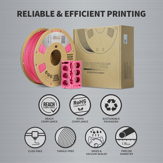 OVERTURE Super PLA+ Filament 1.75mm, Toughness Enhanced PLA Plus, Professional Toughness 3D Printer Filament 1kg (2.2lbs), High Precision +/- 0.02mm (Pink)