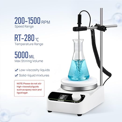 Lab Hot Plate Stirrer Magnetic Stirrer LCD 280℃ 5L 5.3in Stir Plate | Timing 999min|1500RPM|Stir Bar|PT1000|Support Stand|Magnetic Stir Hot Plate|Hotplate Stirrer|Startup Labs|Teaching Demos|Test