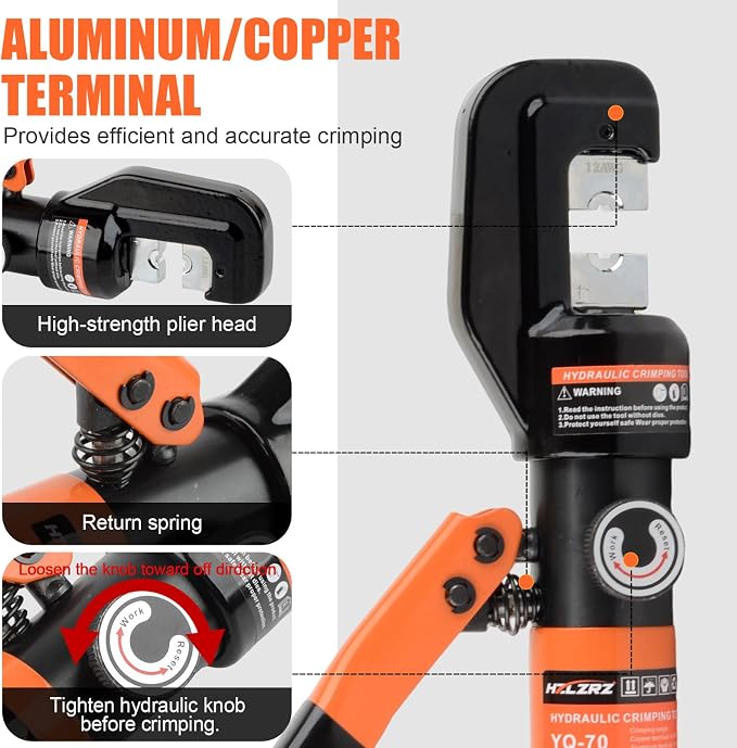 HZLZRZ Hydraulic Crimping Tool and Battery Cable Crimper Tool, Cable Cutter(2/0), Wire Crimping Tool Battery Range 12AWG-2/0AWG, 9 Pairs Of Dies For Electrical Terminal Wire Tool Kit