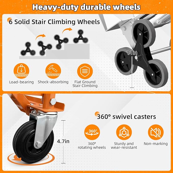 Aluminum 4 in 1 Convertible Hand Truck Dolly Cart with Wheels, 1000Lbs Capacity, Heavy Duty Stair Climbing Hand Trucks with Bungee Cord&Strap for Flat Ground & Stairs, Logistics, Home, Office, Orange