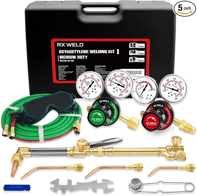 RX WELD Oxy-Fuel Welding and Cutting Torch Kit - Medium Duty Oxy Acetylene Set with 3 Welding Tips (Cylinders Not Included)