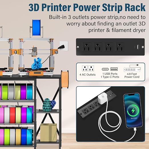 Professional 3D Printer Stand with Massive Filament Storage, Heavy Duty 4-Tier 3D Printer Table Workbench with Power Hub & Drawer, Stable 3D Printing Station for Bambu Lab, Creality & Workshop, Black