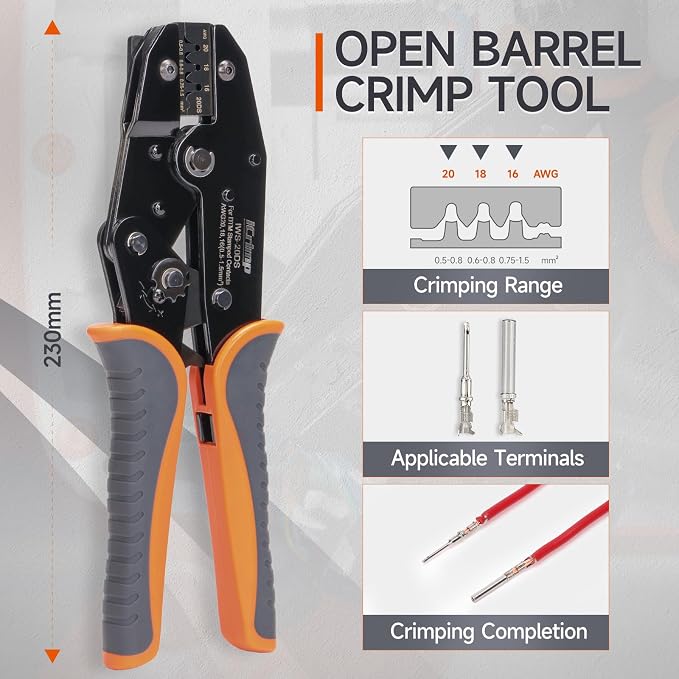 iCrimp Ratchet Crimp Tool for Deutsch DTM 20 Stamped Contacts | Fits 16-20 AWG wire, precise positioning, IWS-20DS crimper, open barrel crimp, for automotive wiring repair