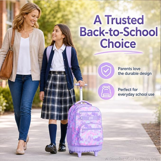3Pcs Rolling Backpack for Girls Women, Travel Roller Backpacks with Wheels for Adults, Teens College Tie-Dye Wheeled Bookbag with Lunch Box(Purple)