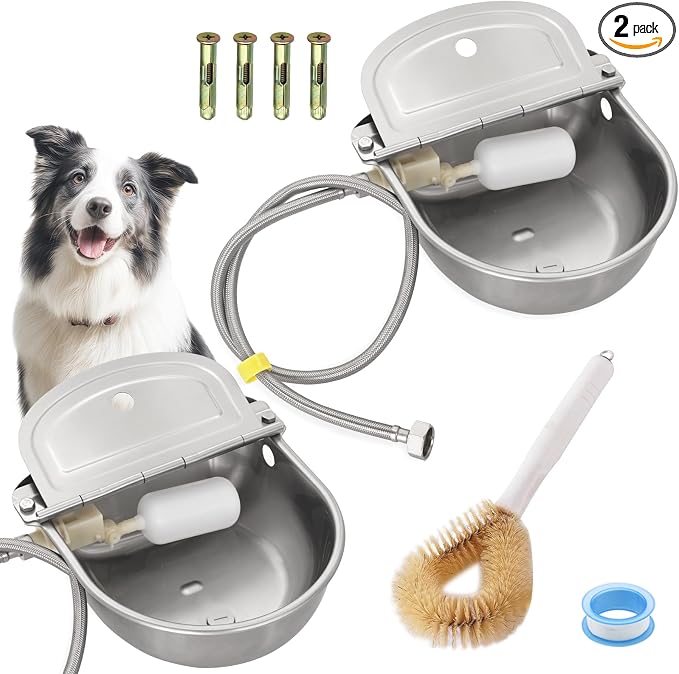2 Pack 304 Stainless Steel Automatic Livestock Waterer with Float Valve & Drainage Hole – 39 inch Water Hose (one end 3/4“), Animal Drinking Bowl for Dogs, Chickens, Goats, Cows