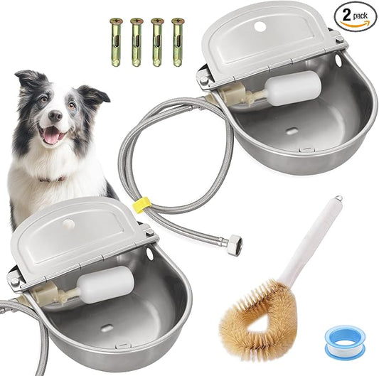 2 Pack 304 Stainless Steel Automatic Livestock Waterer with Float Valve & Drainage Hole – 39 inch Water Hose (one end 3/4“), Animal Drinking Bowl for Dogs, Chickens, Goats, Cows