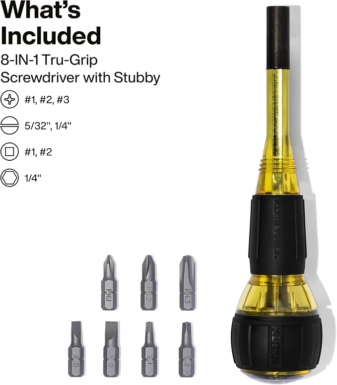 Klein Tools 32961A 8-in-1 Tru-Grip Screwdriver with Stubby, Phillips, Slotted, Square Tips, 1/4-Inch Nut Driver, Rare-Earth Magnet, 6-Bit Storage, Ball-Style Handle