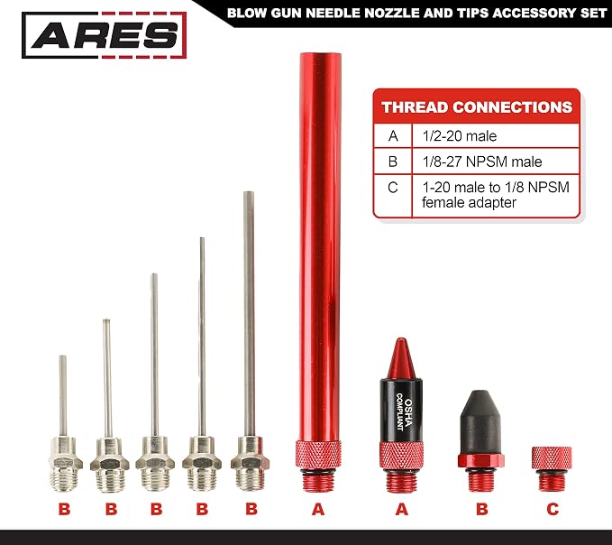 ARES 17008 – 9-Piece Air Blow Gun Needle Nozzle and Tips Accessory Set – Durable Aluminum Construction– Includes 2 Nozzles, 5 Needle Nozzles, 6-Inch Extension, and Standard Thread Adapter