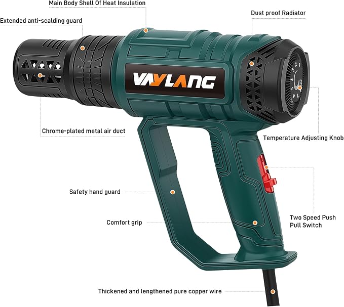 Upgraded Heat Gun - 8 Temp Settings & 2 Fan Speeds, with 4 Nozzles for Welding, Paint Stripping, Shrink Wrapping, Thawing, DIY QR611B