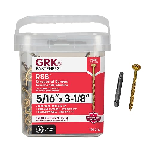 GRK Fasteners RSS™ 5/16 x 3-1/8 Inch, Structural Screws, 100 PCS, Rust Resistant Climatek™ Coating, Heavy-Duty Framing & Decking Screws, Fast Bite Tip, Star Drive Recess, T-30 Bit Included, Gold
