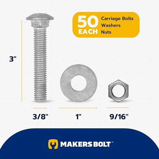 3/8" x 3" (50 Pack) Galvanized Carriage Bolt Kit, Grade 307A, Hot Dip Galvanized for Exterior Use by Makers Bolt
