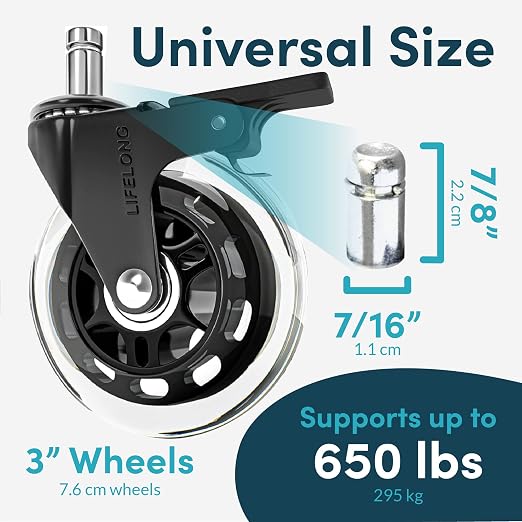 Lifelong Office Chair Wheels Replacement Rubber Chair Casters for Hardwood Floors and Carpet, Set of 5, Heavy Duty Casters for Chairs to Replace Office Chair Mats - Fits 98%