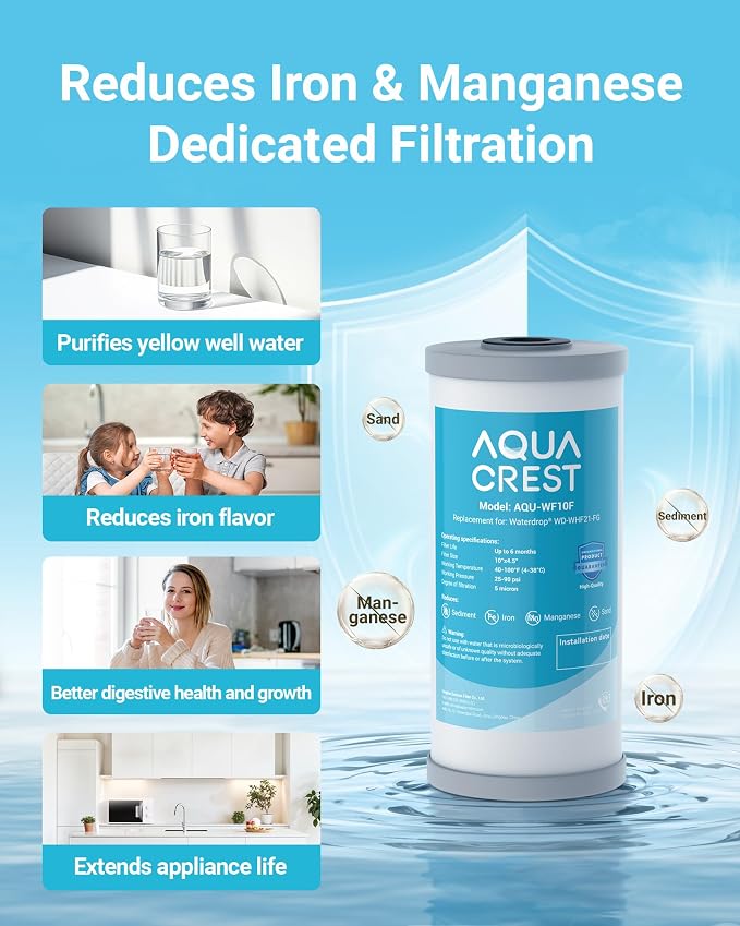 AQUA CREST WF10FG Whole House Water Filter, Compatible with WHF21-FG, GE GXWH40L, FXHTC, Ispring, Culligan® RFC-BBSA, Whirlpool®, Any 10" x 4.5" System, Reduces Iron and Manganese