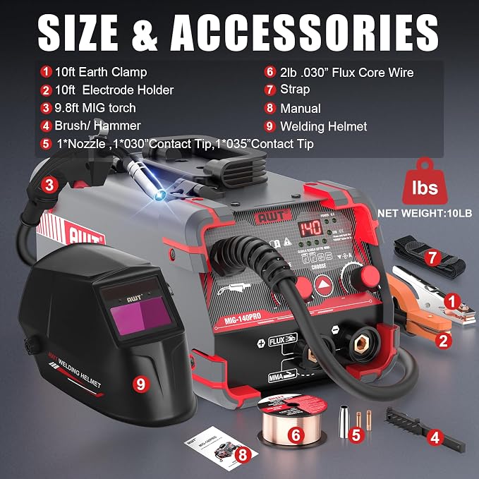 AWT 140Amp MIG Welder Flux Core MIG Welder/Stick/Lift TIG 3 in 1 Welding Machine, Welder Machine 110V-Synergy IGBT Inverter, Portable Gasless Welder Equipment with Welding Helmet