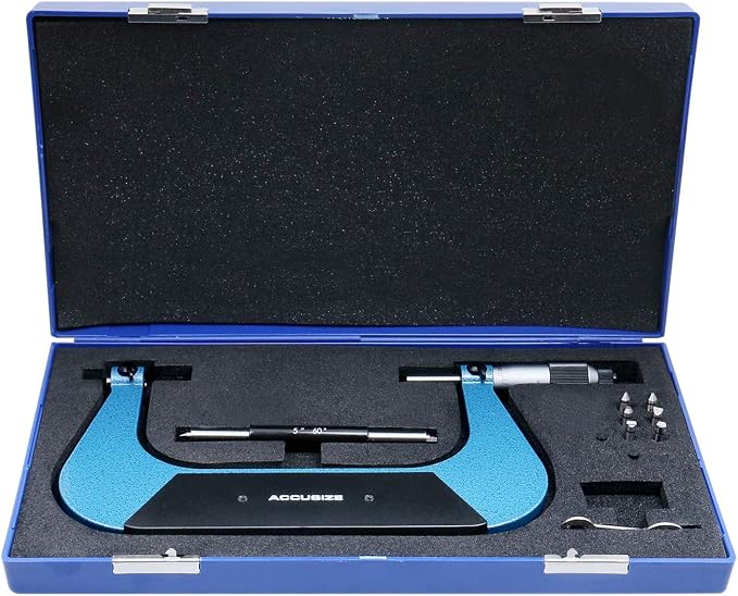 Accusize Industrial Tools 5-6'' by 0.001'' Screw Thread Micrometer with 3 Anvil in Fitted Box, S916-C755 | 3 Anvil Sets: 13-9, 8-5, 4.5-3.5 TPI, 0.001" Resolution, ±0.00016" Accuracy