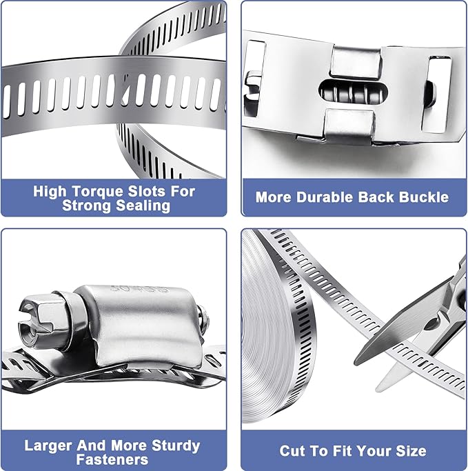 Hose Clamps- Stainless Steel Hose Clamp DIY 50FT Metal Strap + 24 Stronger Fasteners Large Adjustable Worm Gear Clamps for Fuel Line, Plumbing, Automotive, Mechanical, Pipe, Tube,Garden,Duct