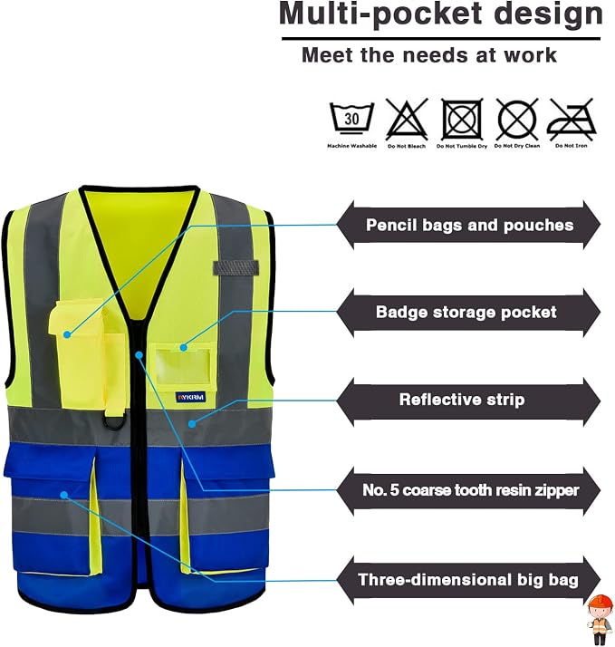 A-SAFETY yellow blue construction vest | Yellow/Blue XL safety vest with 7 pockets, reinforced pockets and front zipper for equipment teams and mechanical work.