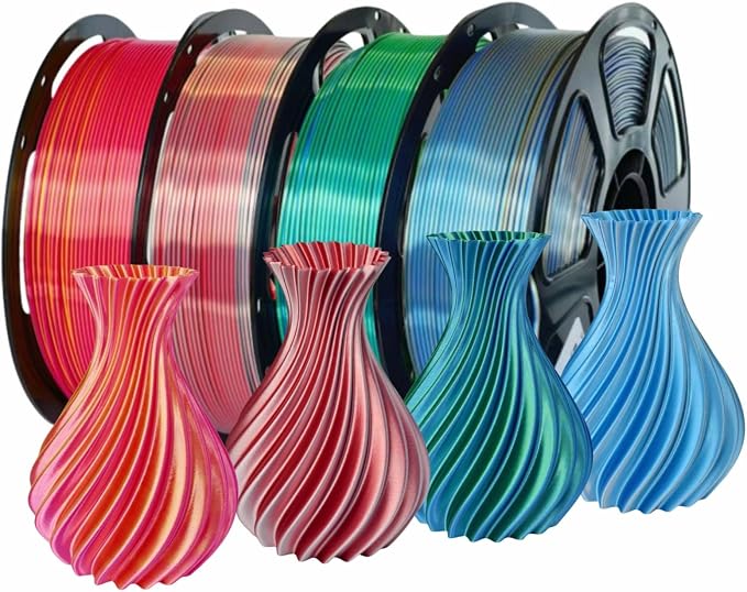 4KG Dual Color Silk Filament, Silk PLA 3D Printer Filament 1.75mm, 1KG Spool(2.2 lbs), 4 Pack, PLA Silk Dual Color,Shiny Rosegold+ RedSilver+Bluegreen+BlueSilver