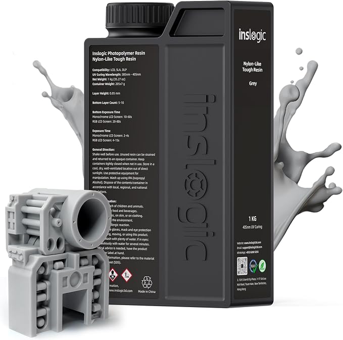 Inslogic Nylon-Like Tough 3D Printer Resin, High Impact Resistance & Flexibility for LCD, DLP, SLA Resin 3D Printers, Durable, Low Shrinkage, 365-405nm UV-Curing Resin for Functional Parts, 1kg, Gray