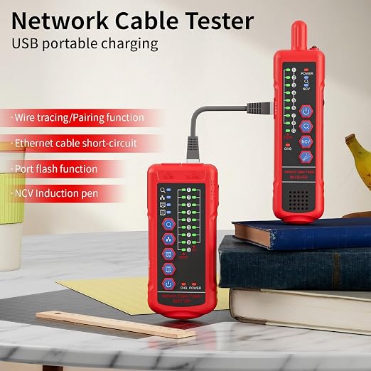 Network Cable Tester with Emitter and Receiver, NCV, Port Flashing – CAT5, CAT6 Line Tracer for RJ45/RJ11 LAN, Ethernet Cable Tester Line Finder with Earphone & LED for Dark Environments
