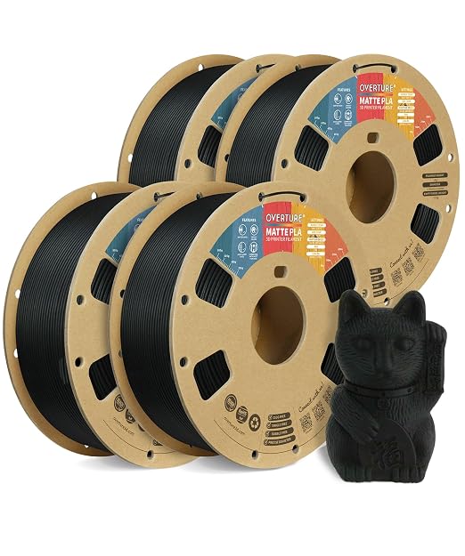 OVERTURE 4KG Bundle Matte PLA, Low Warp & Matte Surface 3D Printer Filament | Frosted Matt Finish Hides Layer Lines, 4 Pack 1kg Spool (2.2lbs) Cardboard Spool, Fit Most FDM Printer (Matte Black*4)
