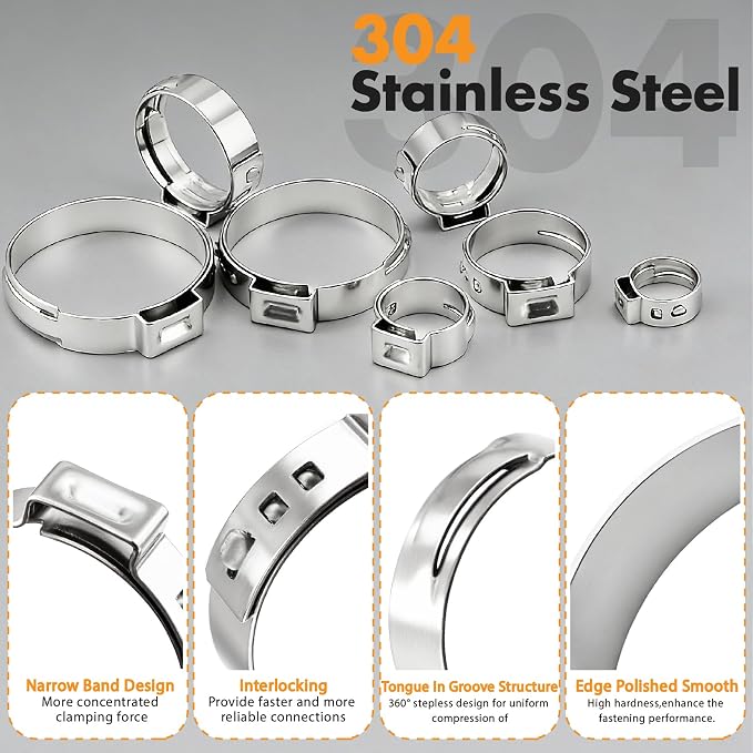 360PCS Single Ear Hose Clamp Kit,16 Sizes 5.3-36.1mm 304 Stainless Steel with Crimping Pliers,Oetiker Style Crimp Clamp for Automotive,Plumbing,HVAC,Marine