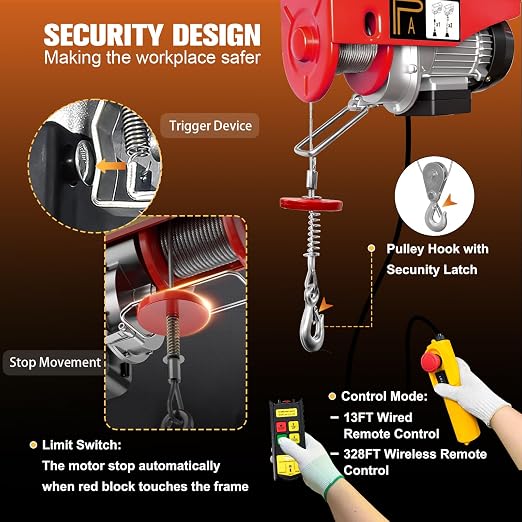 Electric Hoist 1320 lbs, 110V Electric Winch with 328 ft Wireless Remote & 13 ft Wired Remote, Single/Double Cable Lifting Height 39.4ft/20ft, Lift Hoist with Emergency Stop for Garage Warehouse Attic
