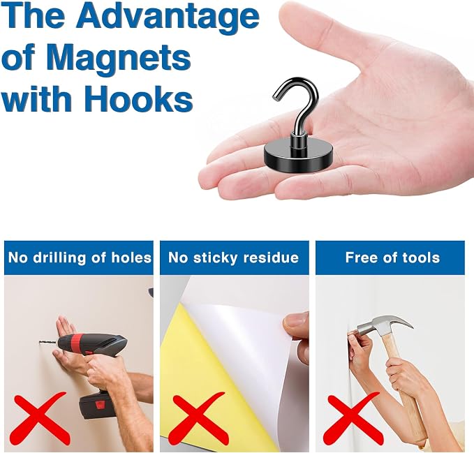 LOVIMAG Magnetic Hooks Heavy Duty, 85LBS, 12 Pack | Magnet with Hook for Cruise Cabins, Classroom, Kitchen Essentials, Door Decoration, Refrigerator, Black