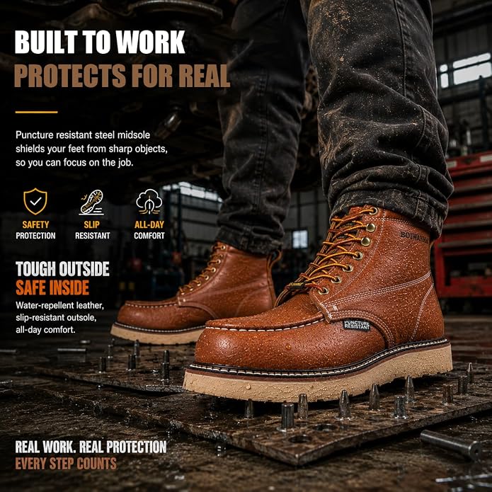 Work Boots for Men, 6" Leather Lightweight Comfort Moc Toe Steel Toe Puncture Resistant Wedge Safety Boots, Goodyear Welt, Industrial, Construction, Electrician, US 7-17