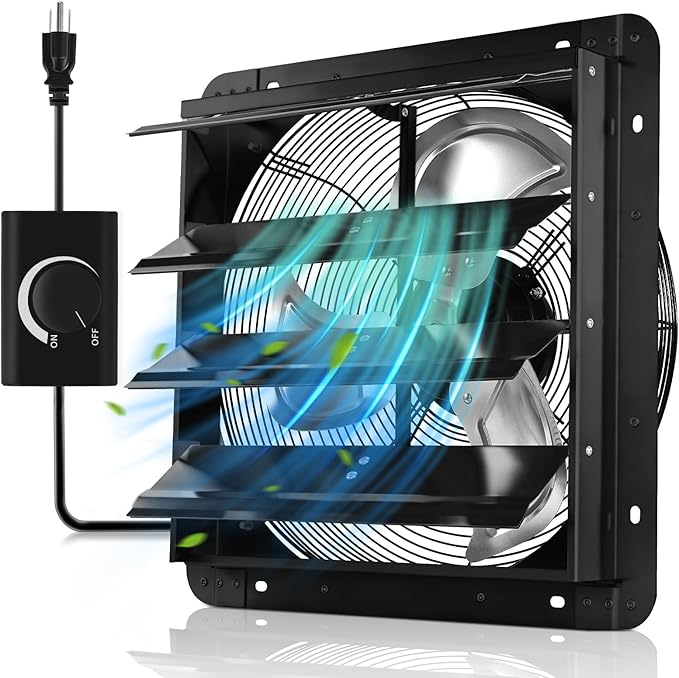 YOZON 16" Shutter Exhaust Fan with Speed Controller, Wall Mounted Wall Exhaust Fan, Automatic Shutter, High Speed, 1940CFM, Vent Fan for Garage, Greenhouse, Shed, Warehouse and Workshop - Black
