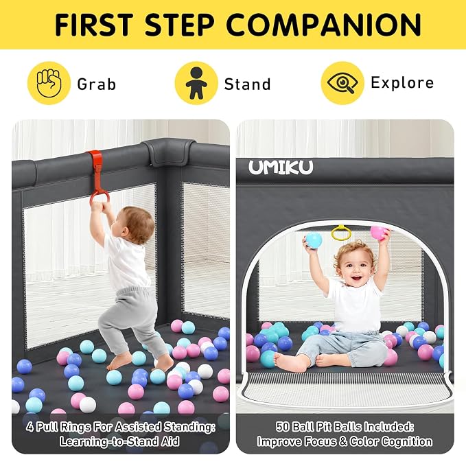 Baby Playpen Foldable Playpen for Babies and Toddlers, Extra Large Playpens Portable Play Pen Travel Activity Center for Kids Indoor Outdoor Pack and Play Baby Shower Gifts, 71"X59" Dark Grey