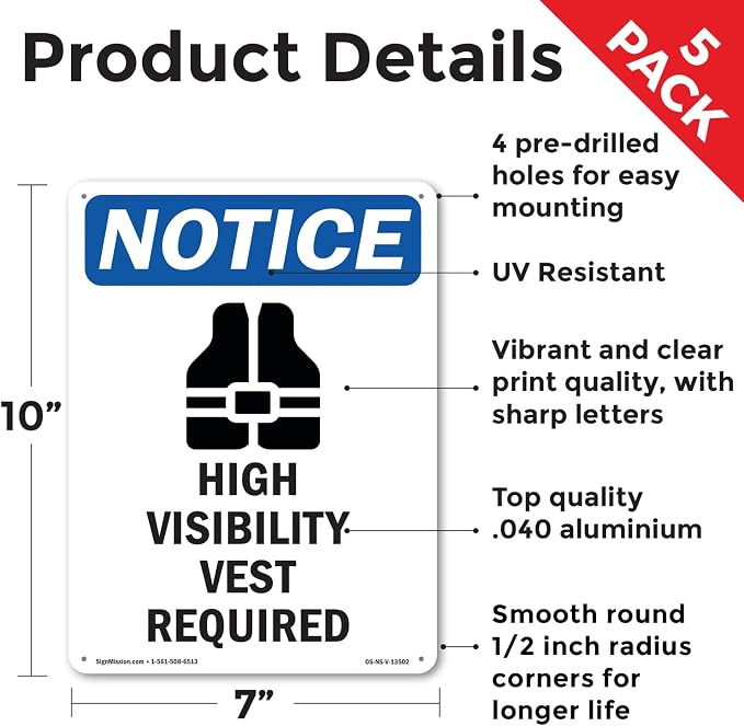 High Visibility Vest OSHA Notice Aluminum Sign 10 Inch x 7 Inch - 5 Pack