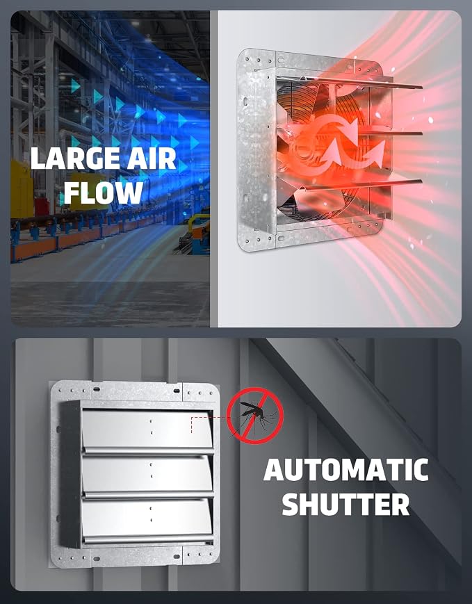 iLIVING 14" Wall Mounted Shutter Exhaust Thermostat Control-3 Speeds Vent Fan For Home Attic, Shed, or Garage Ventilation, 850 CFM, 1300 SQF Coverage Area, Variable, Silver