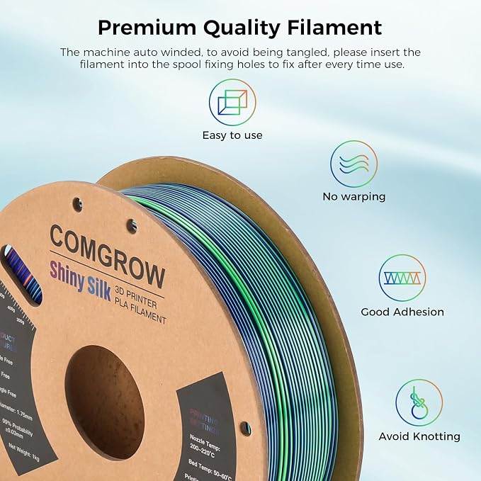 Comgrow Tri-Colors Silk PLA 3D Printer Filament, Rainbow PLA Filament 1.75mm, Dimensional Accuracy +/- 0.02 mm, 1KG Spool, Coextrusion 3D Filament with Shiny Silk Blue-Green-Orange