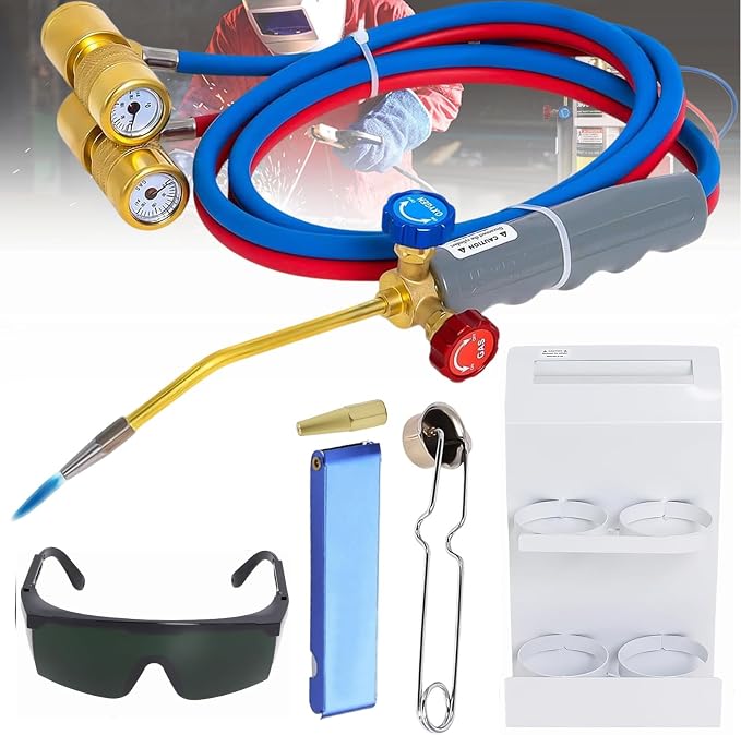 Brazing Torch Kit Compatible with MAPP Cutting Torch Propane, Update Brass Pressure Meter with Portable Cylinder Metal Stand for Heating, Glass Blowing,Soldering, Jewelry HVAC Welding Torch kit