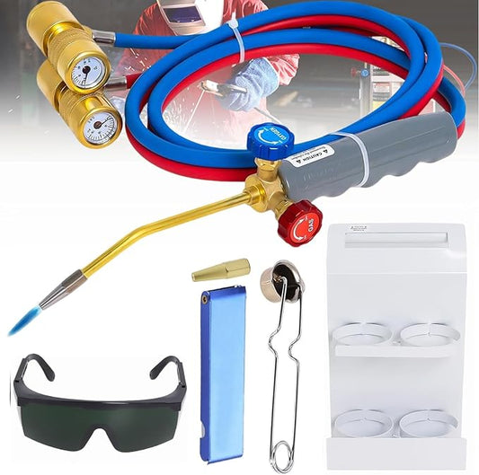 Brazing Torch Kit Compatible with MAPP Cutting Torch Propane, Update Brass Pressure Meter with Portable Cylinder Metal Stand for Heating, Glass Blowing,Soldering, Jewelry HVAC Welding Torch kit