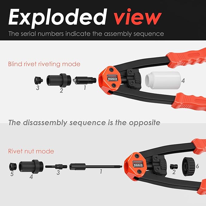 Dual-Function Rivet Nut Tool Rivet Gun Kit Including 405 pcs Rivet Nuts Blind Rivets 15 Mandrels 5 Rivet Nozzles, Multi-Purpose